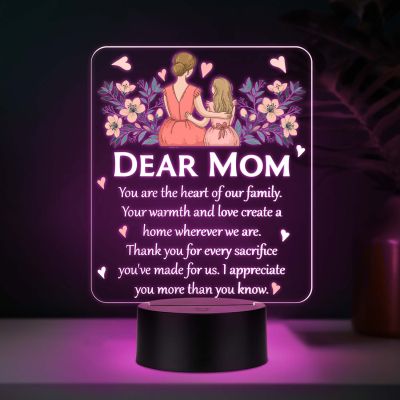 Dear Mom Acrylic LED Lamp with UV Print – Multicolor Night Light Mother’s Day & Birthday Gift